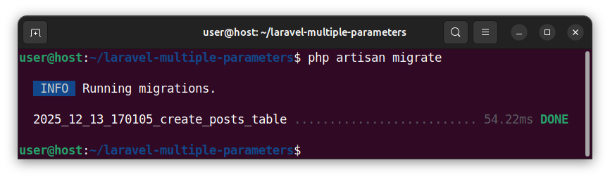 Running the migration that inserts the posts table into the database.