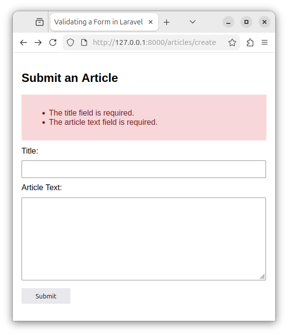 Displaying validation errors in a HTML page in Laravel.