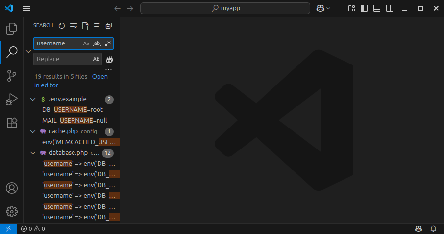 Visual Studio Code find in files option